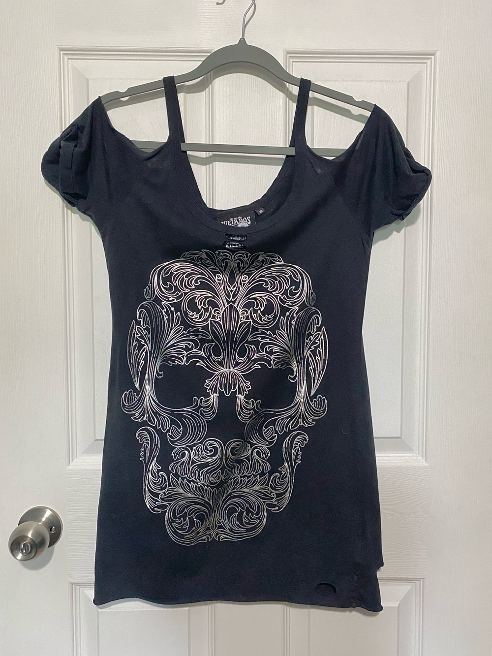 Killstar Black Cold-Shoulder Tunic with Ornate Silver Skull Print